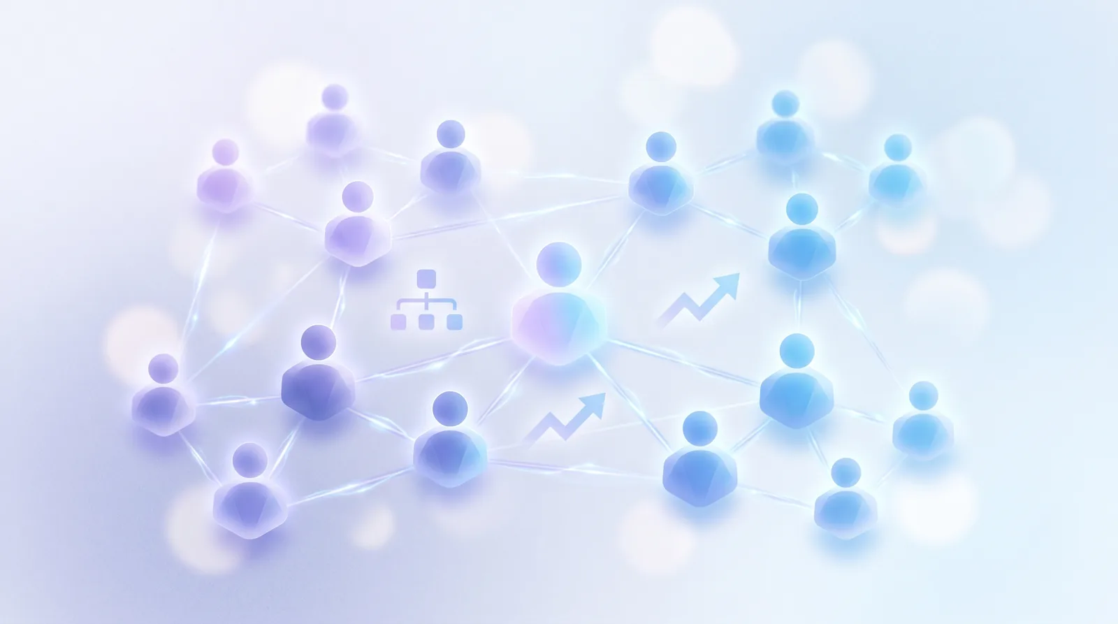 Abstract illustration of an interconnected workforce network with team clusters and growth signals