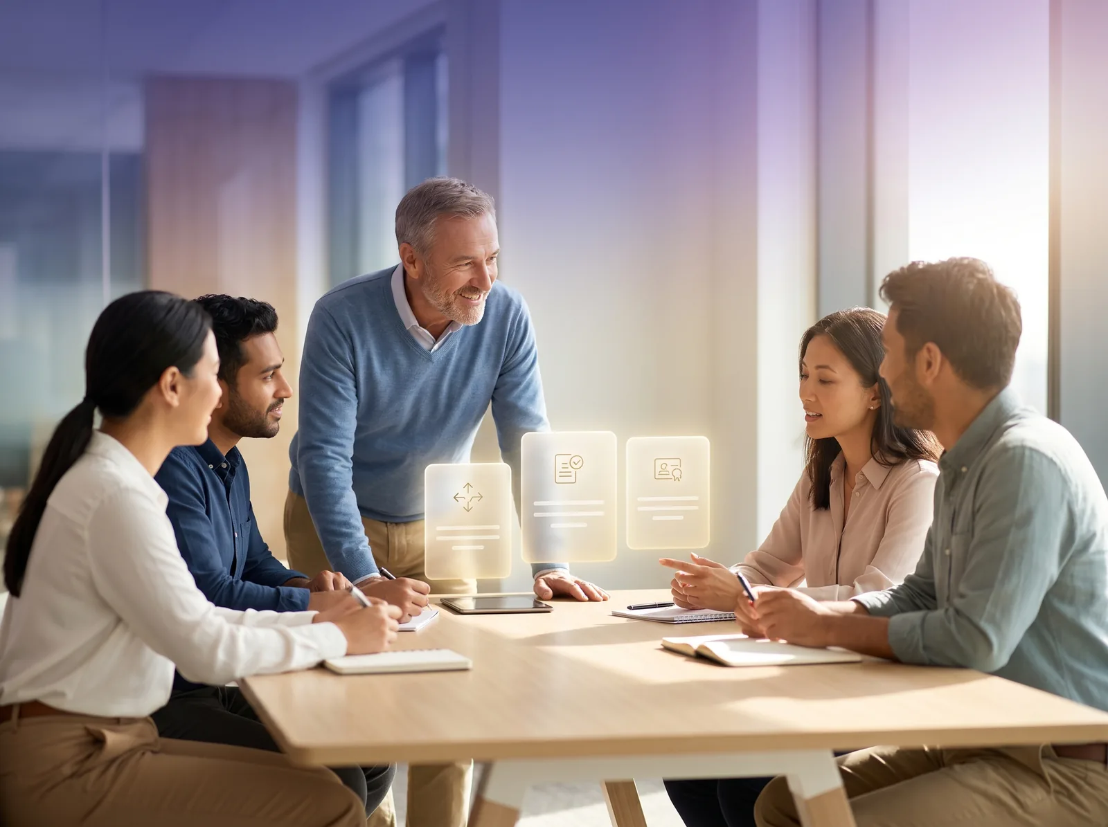 Abstract illustration of a consultant mentoring an HR team in a hands-on training workshop
