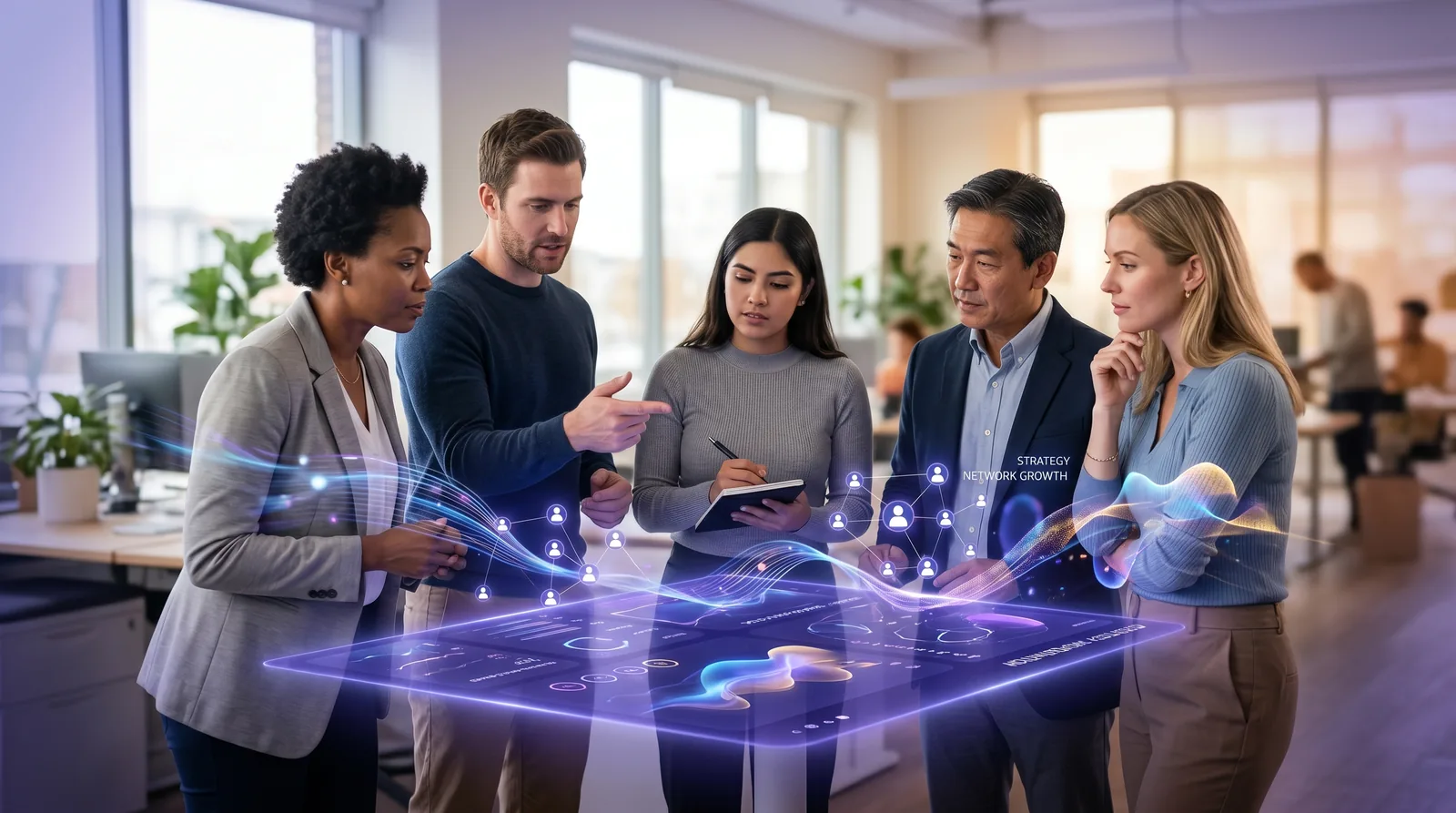 Abstract illustration of consultants and an implementation specialist collaborating around a workforce platform dashboard