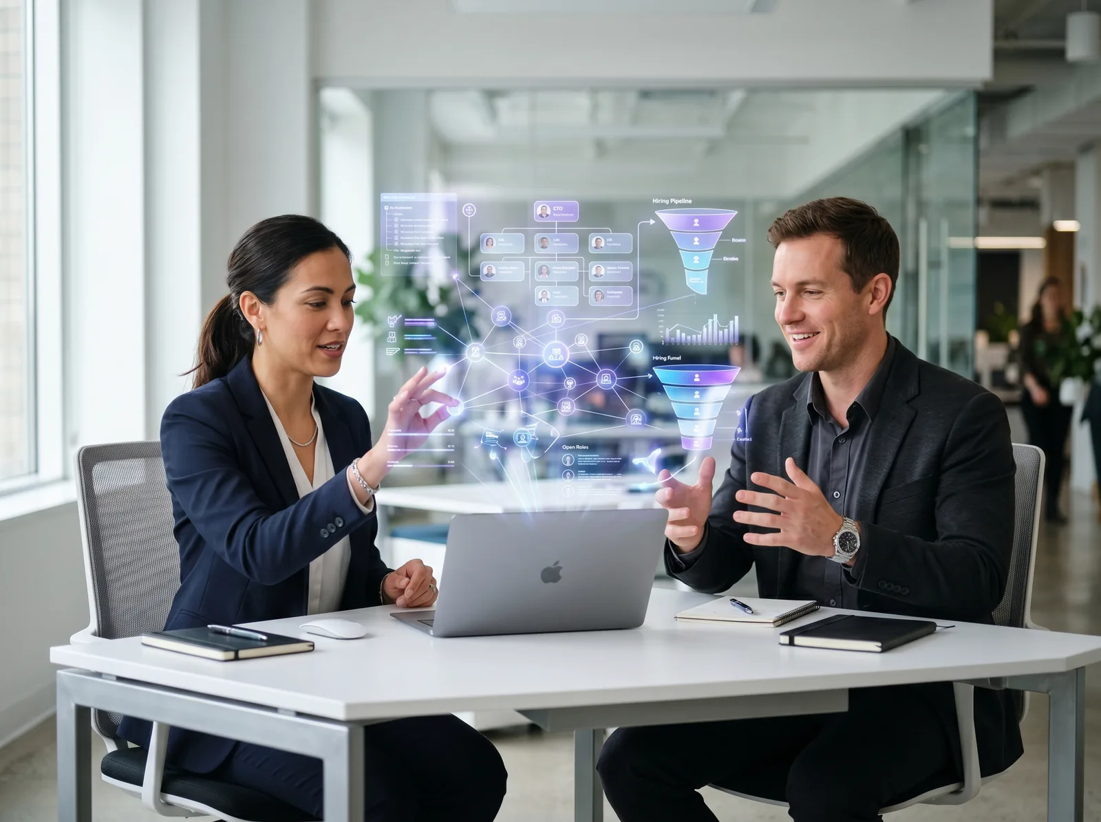 Abstract illustration of an implementation team configuring a workforce platform together at a desk