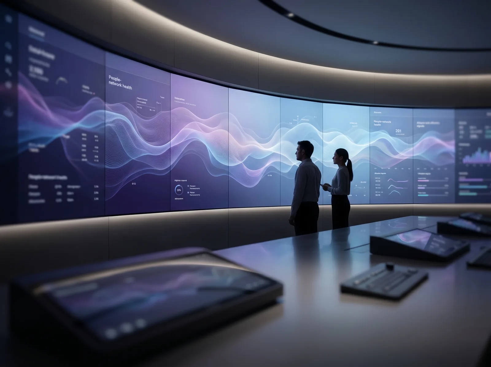 Abstract illustration of a managed-operations team monitoring workforce dashboards in a calm operations room