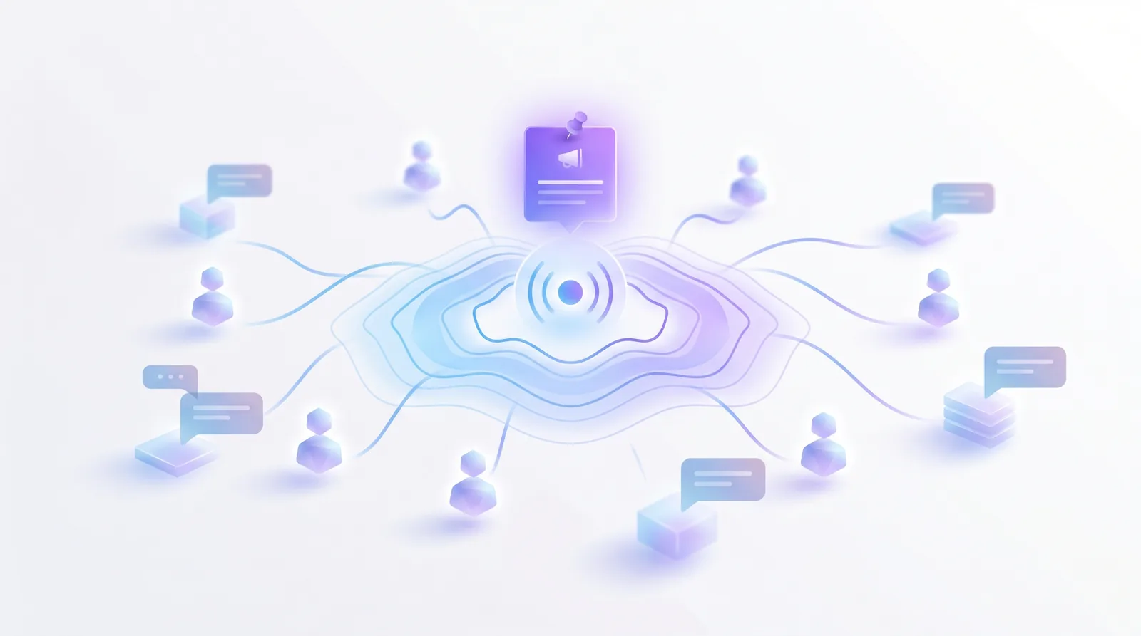 Abstract illustration of a company-wide broadcast pulse alongside threaded conversations attached to work