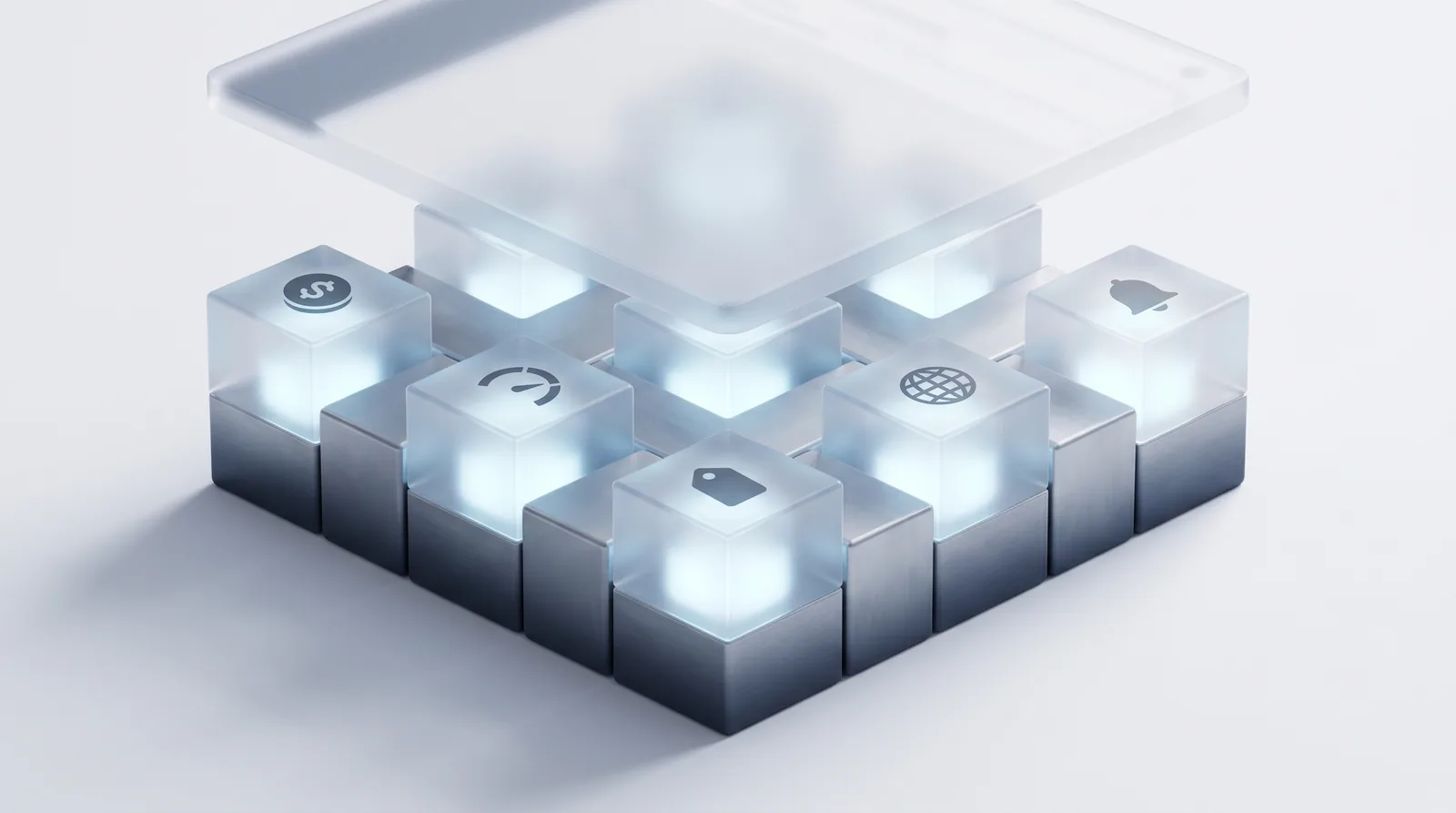 Abstract illustration of shared platform infrastructure modules glowing beneath a workforce application layer