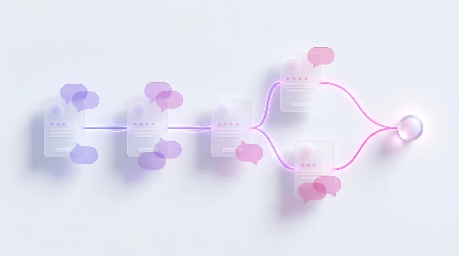 Abstract illustration of a shared candidate pipeline with interview-feedback bubbles converging on a single decision