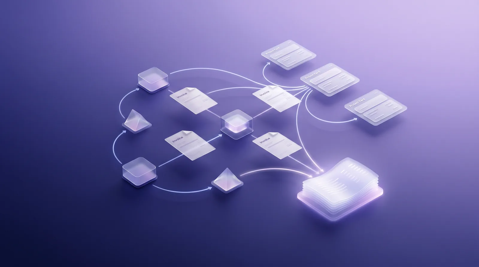 Abstract illustration of clients, vendors, and invoices connected by money-flow lines to project work in one workspace