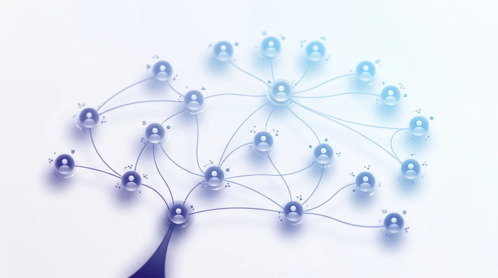 Abstract illustration of a living organization chart of connected employee nodes in departments and reporting lines