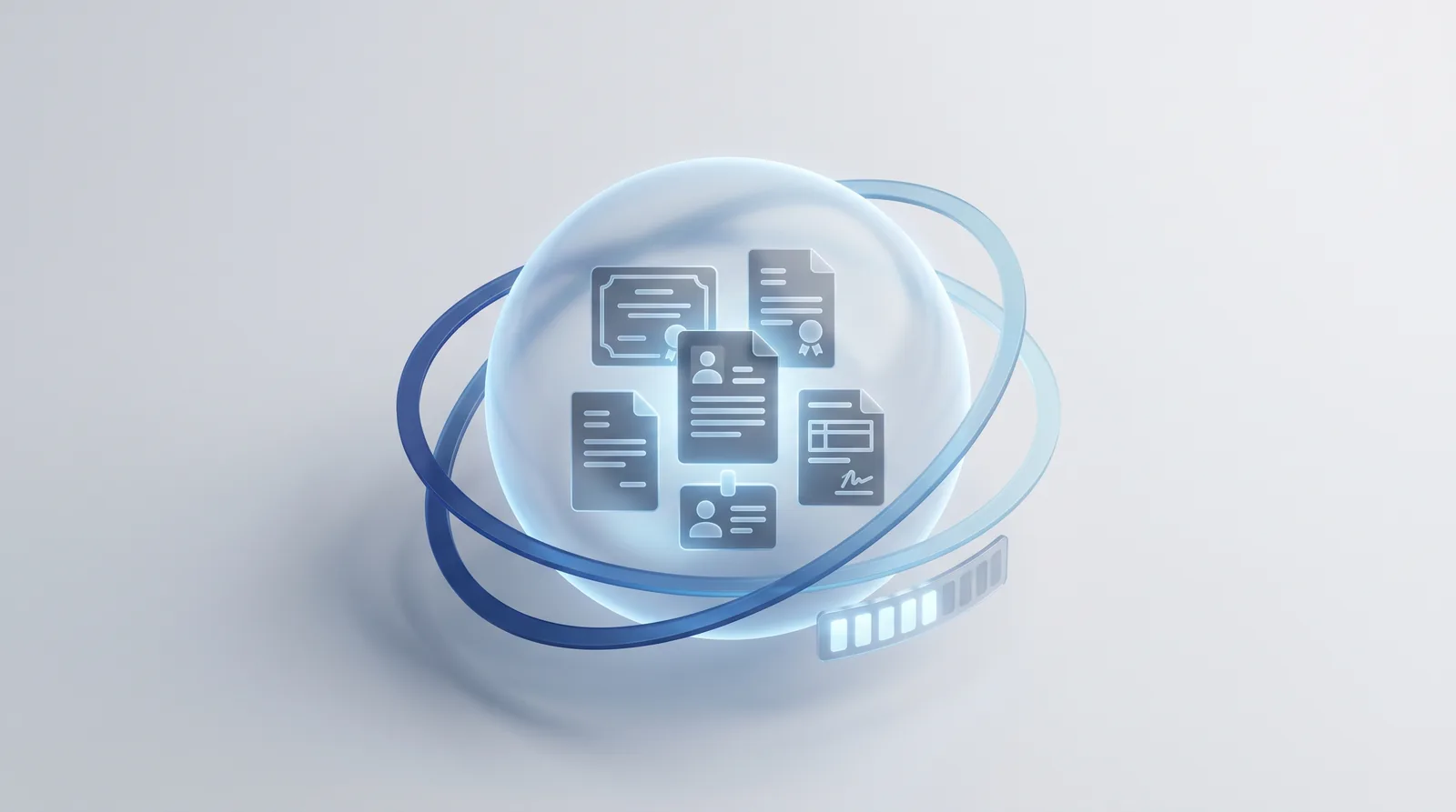 Abstract illustration of people documents held in a protective vault with signed-URL keys and access-scope rings