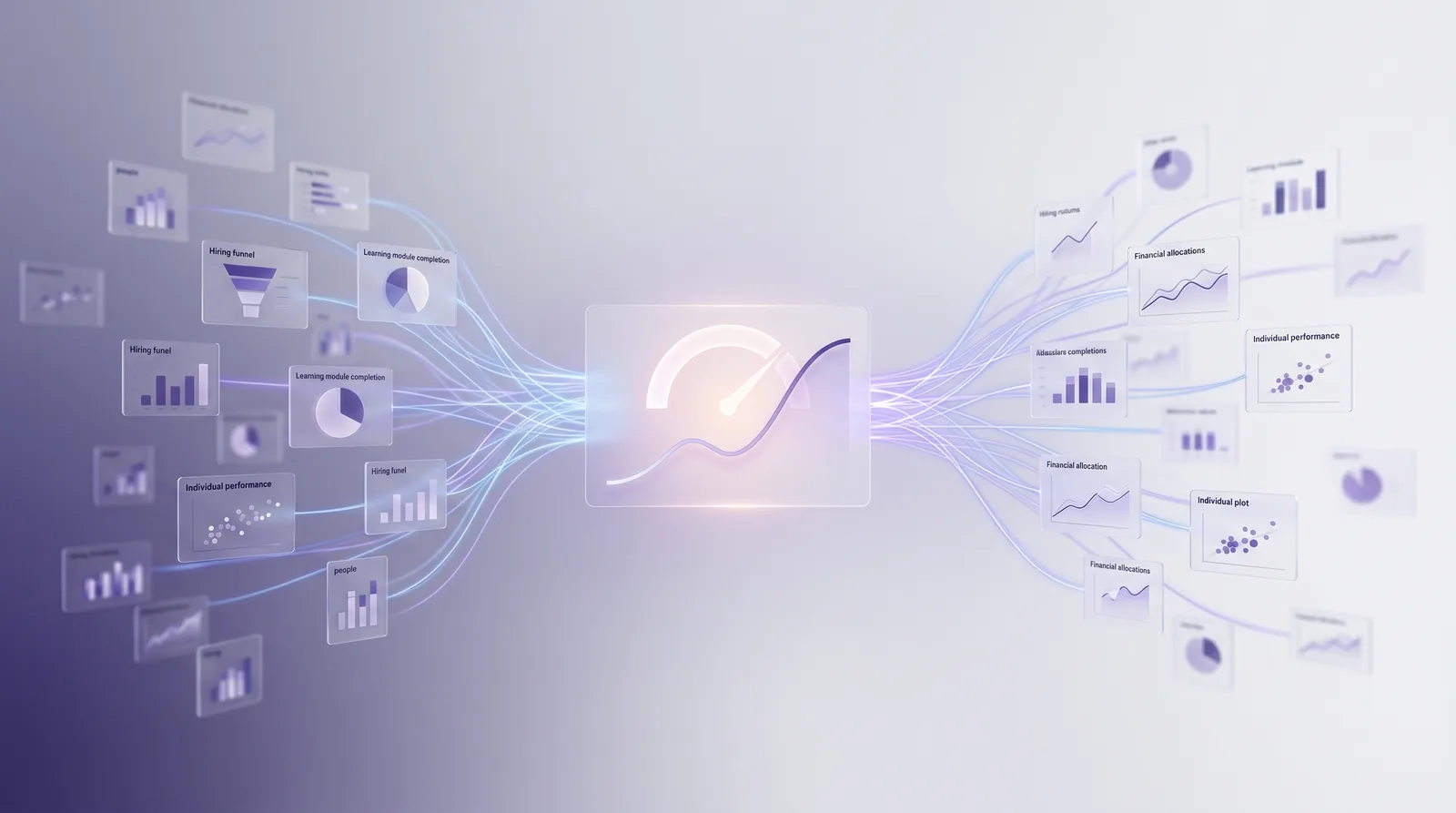 Abstract illustration of scattered dashboard fragments merging into one live performance gauge and trend curve