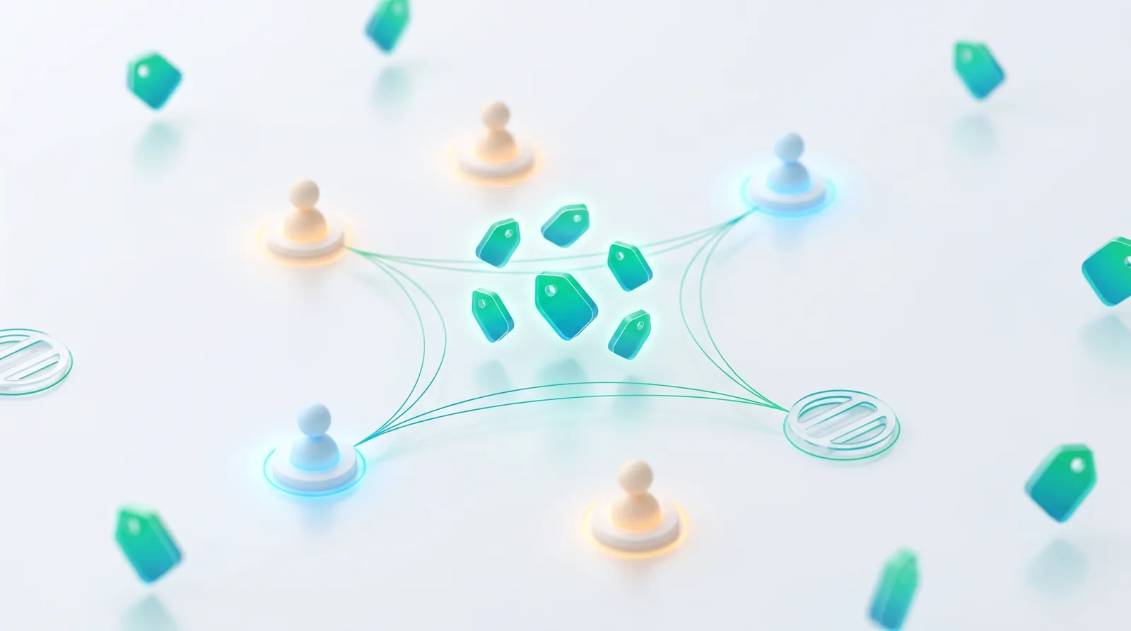Abstract illustration of skill tokens flowing as a shared currency between people and open work, with availability states
