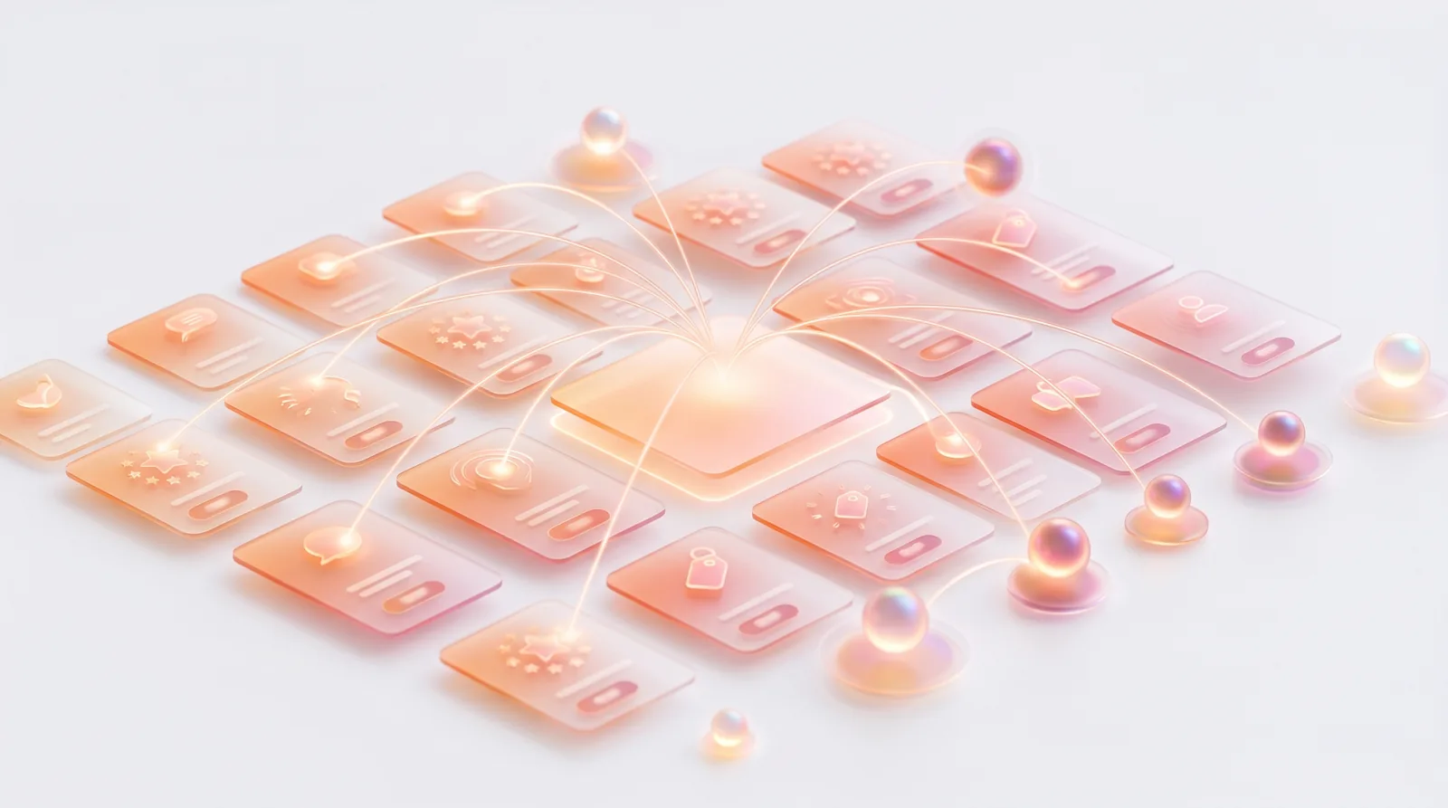 Abstract illustration of an in-platform talent marketplace of provider cards connected to a central workspace