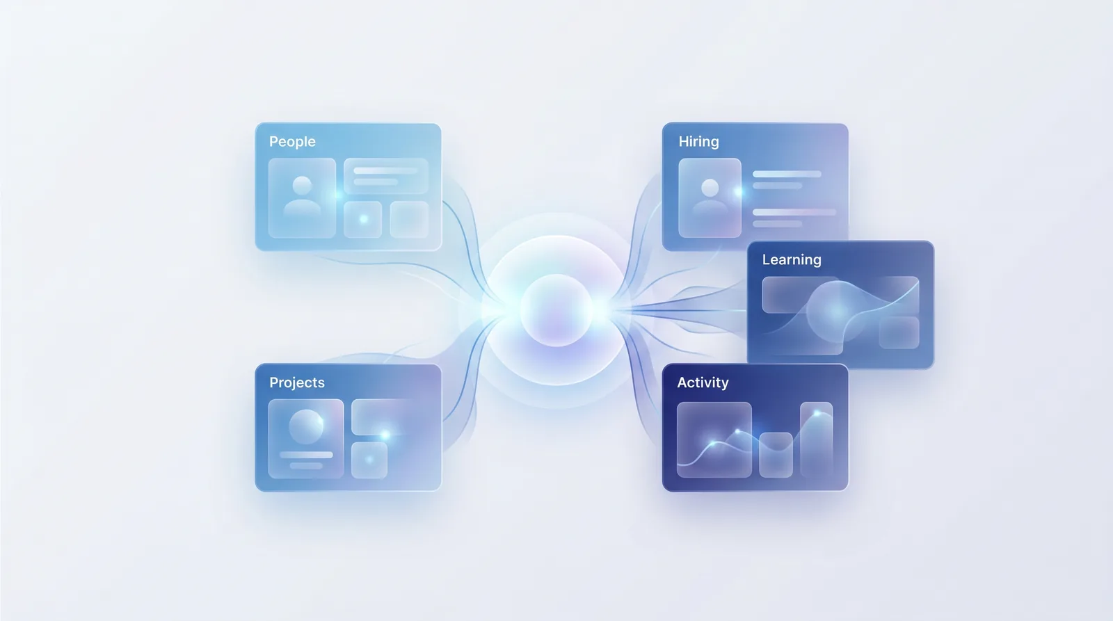 Abstract illustration of a unified workforce dashboard assembling from one central data pulse